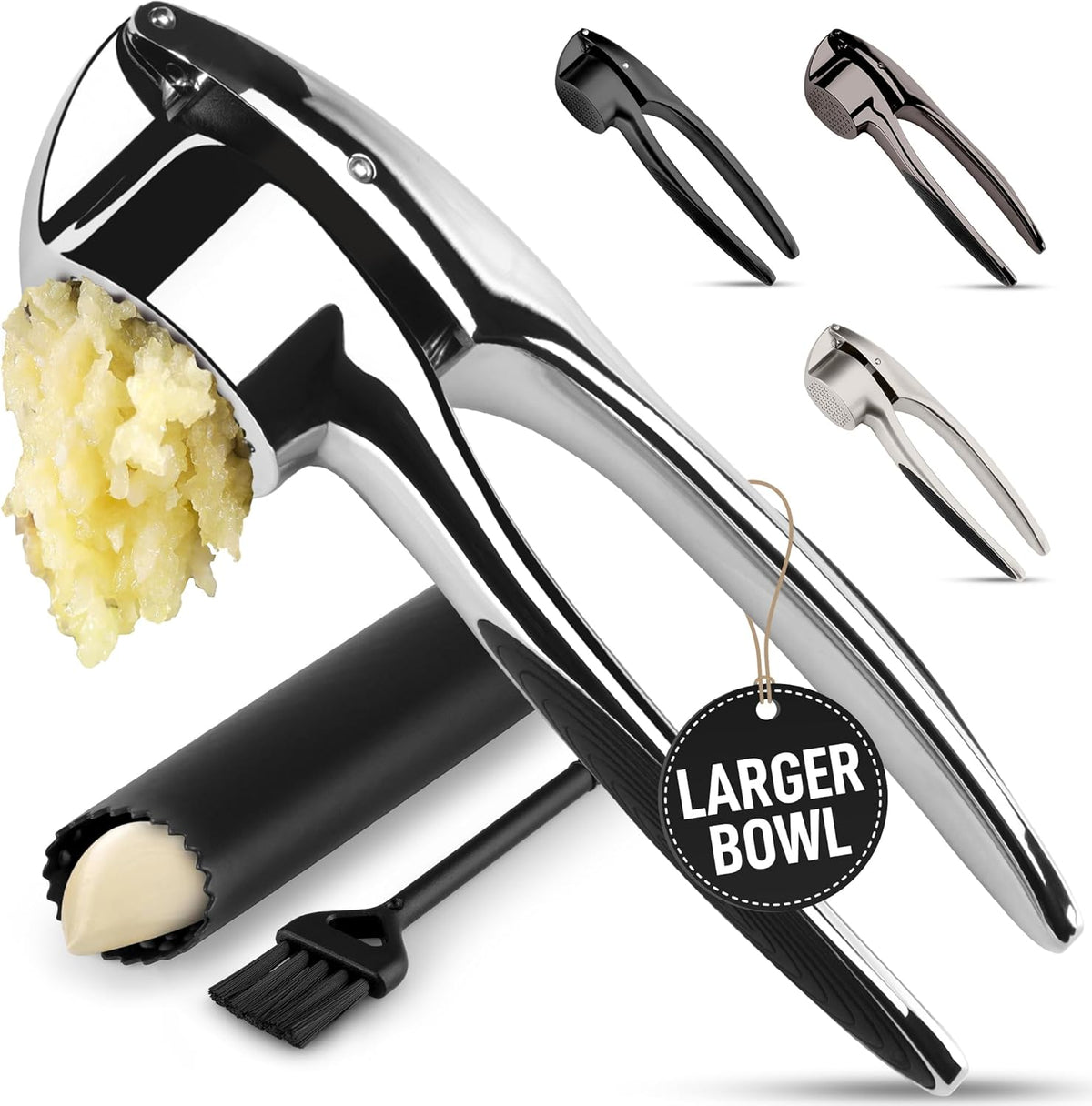 Zulay Kitchen Large Premium Garlic Press Set – Rust Proof & Dishwasher Safe, Bigger Bowl Garlic Mincer Tool with Silicone Garlic Peeler & Brush, Easy Squeeze & Clean, Ergonomic Handle - Chrome