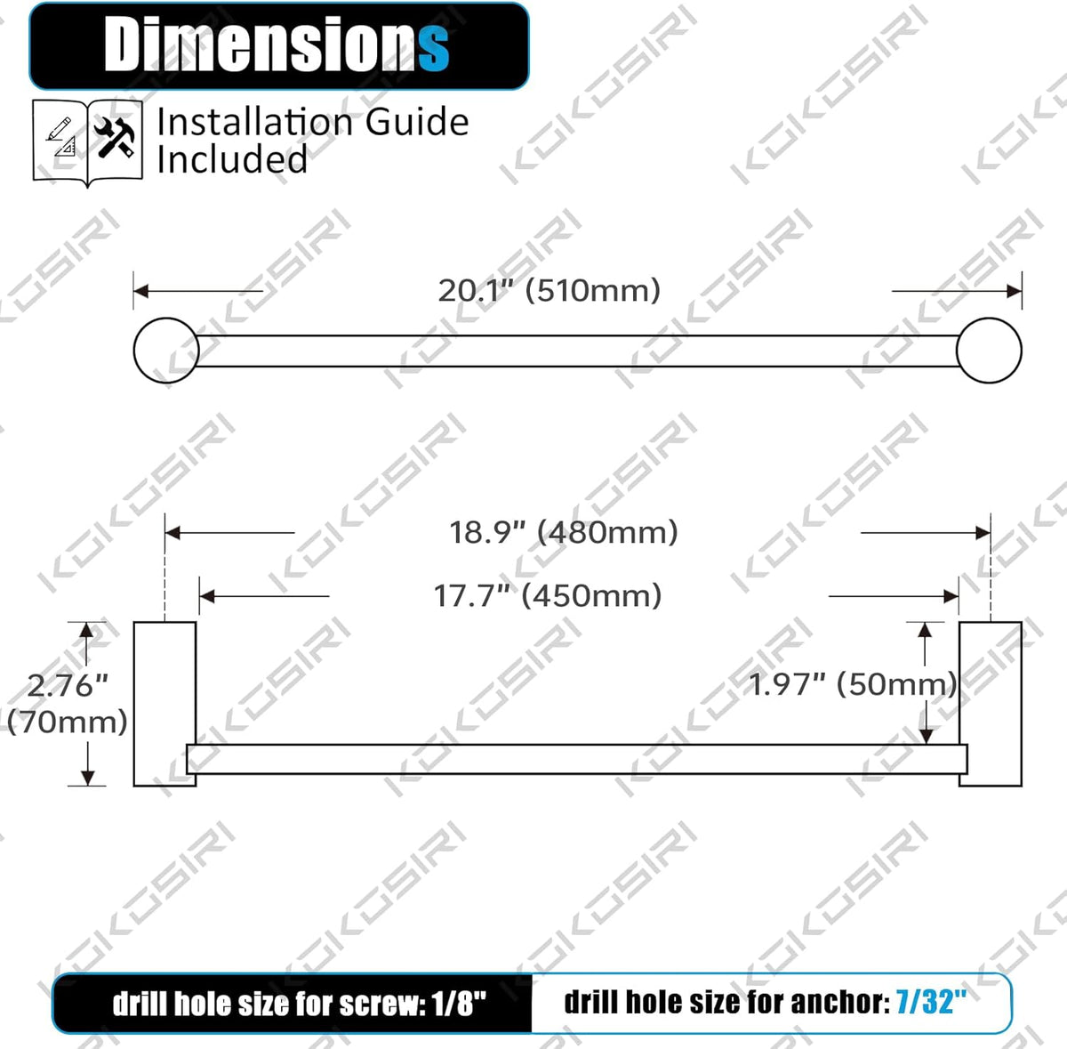 KOKOSIRI Towel Rack Black Bathroom Wall Mounted Towel Holder 20-Inch Bath Towel Bar Hanger Bathroom Hardware Accessories Stainless Steel, B4007BK-L20
