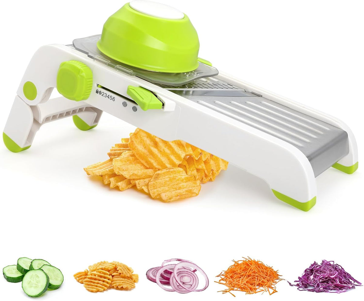Mandoline Slicer for Kitchen, Adjustable Stainless Steel Mandoline Food Slicer, Onion Potato Cucumber Tomato Carrot Vegetable Fruit Slicer, Mandolin Veggie Cutter with Food Holder, Green