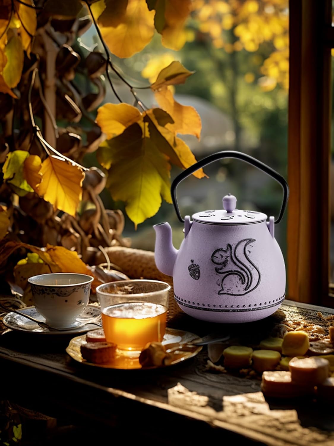 Toptier Teapot with Removable Infuser, Cast Iron Tea Kettle Stovetop Safe, Squirrel Design Tea Pot Coated with Enameled Interior for 32 Ounce (950 ml), Purple