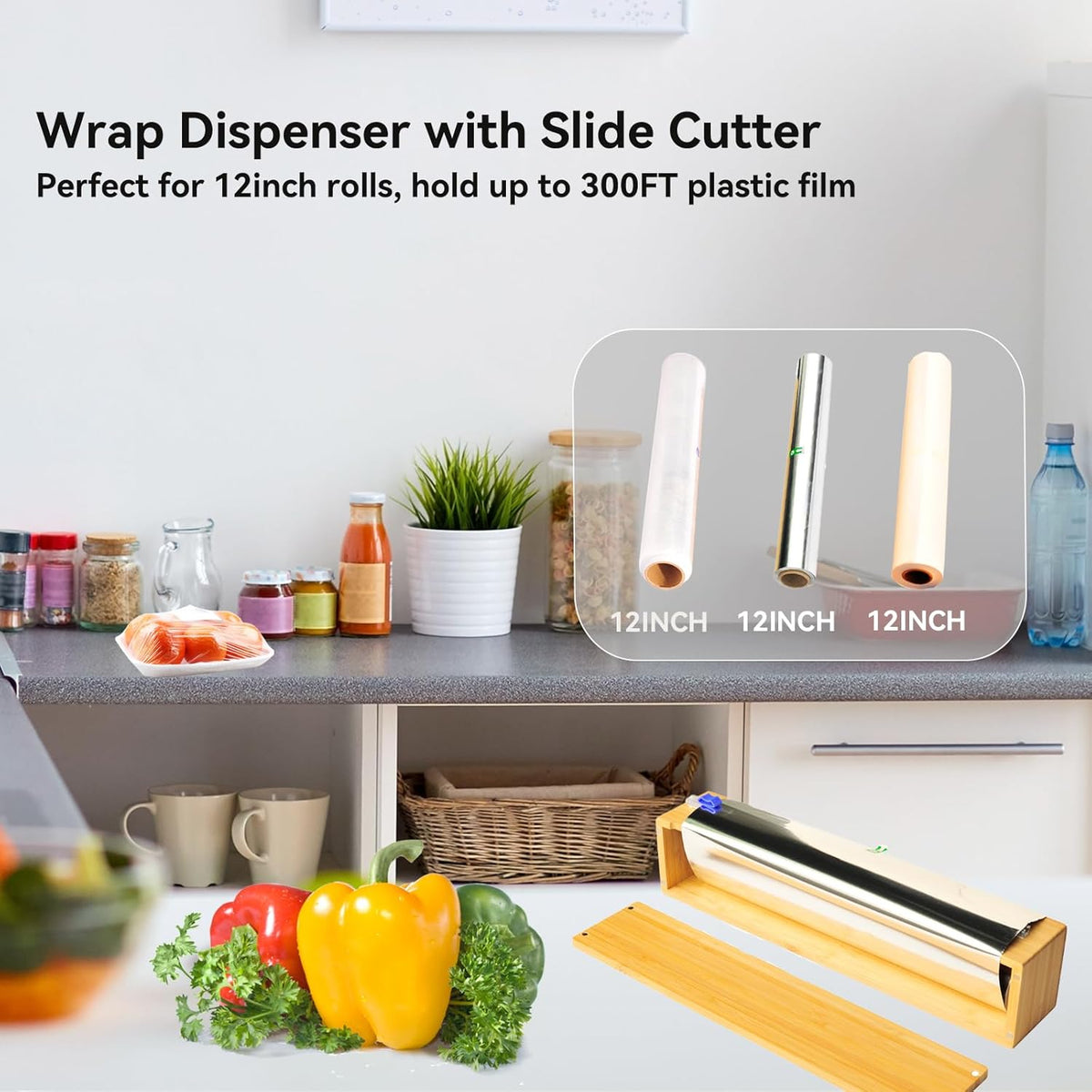 Plastic Wrap Dispenser with Cutter, Wrap Dispenser with Slide Cutter, for Aluminum Foil, Plastic Wrap and Wax Paper, Fits 12" Roll