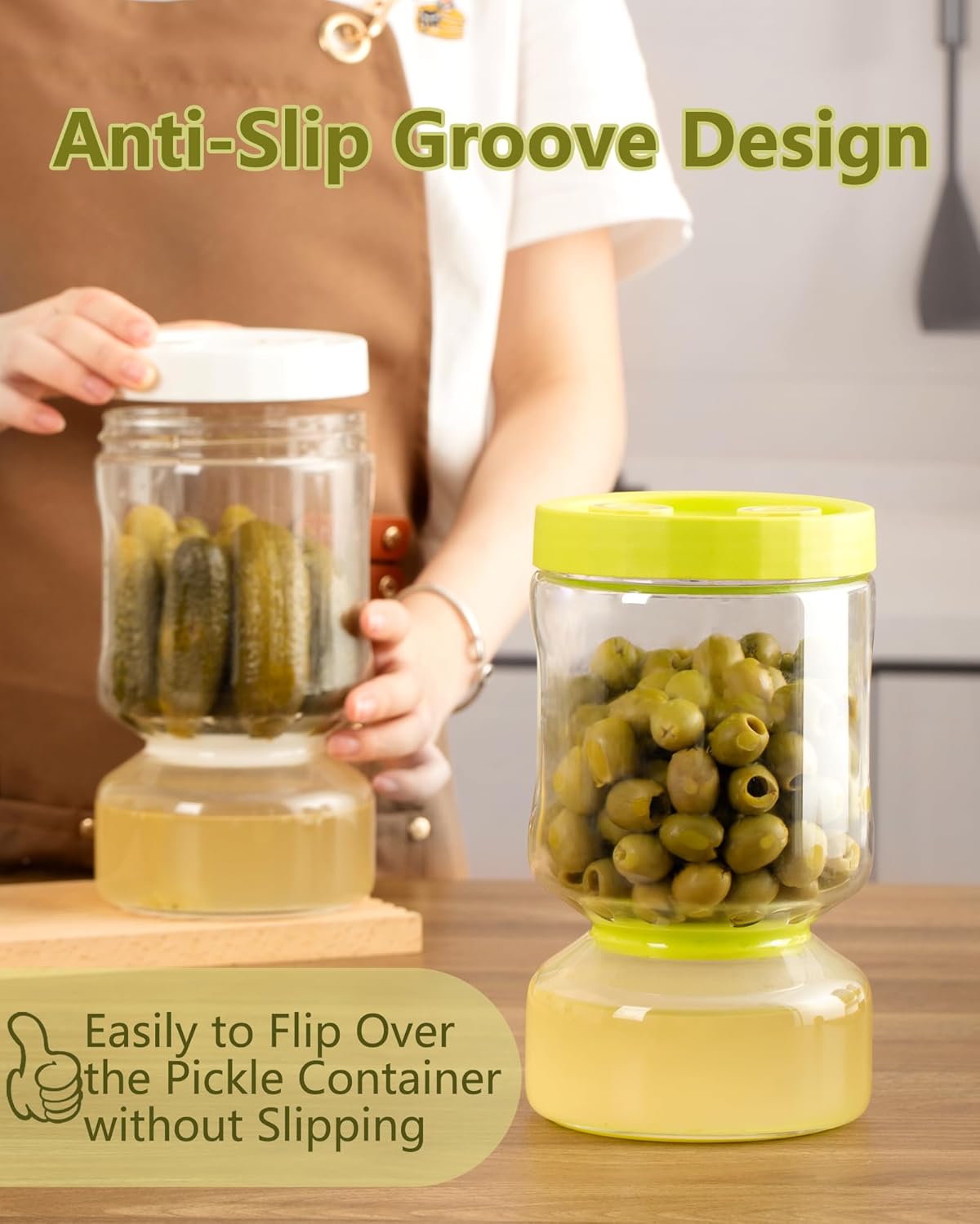 ZENS Glass Pickle Jar with Strainer Flip, 2 Pack Pickle Container Olive Hourglass Jars, Airtight Pickle Juice Separator from Wet and Dry, Pickles Storage Jar 51oz-Green & White
