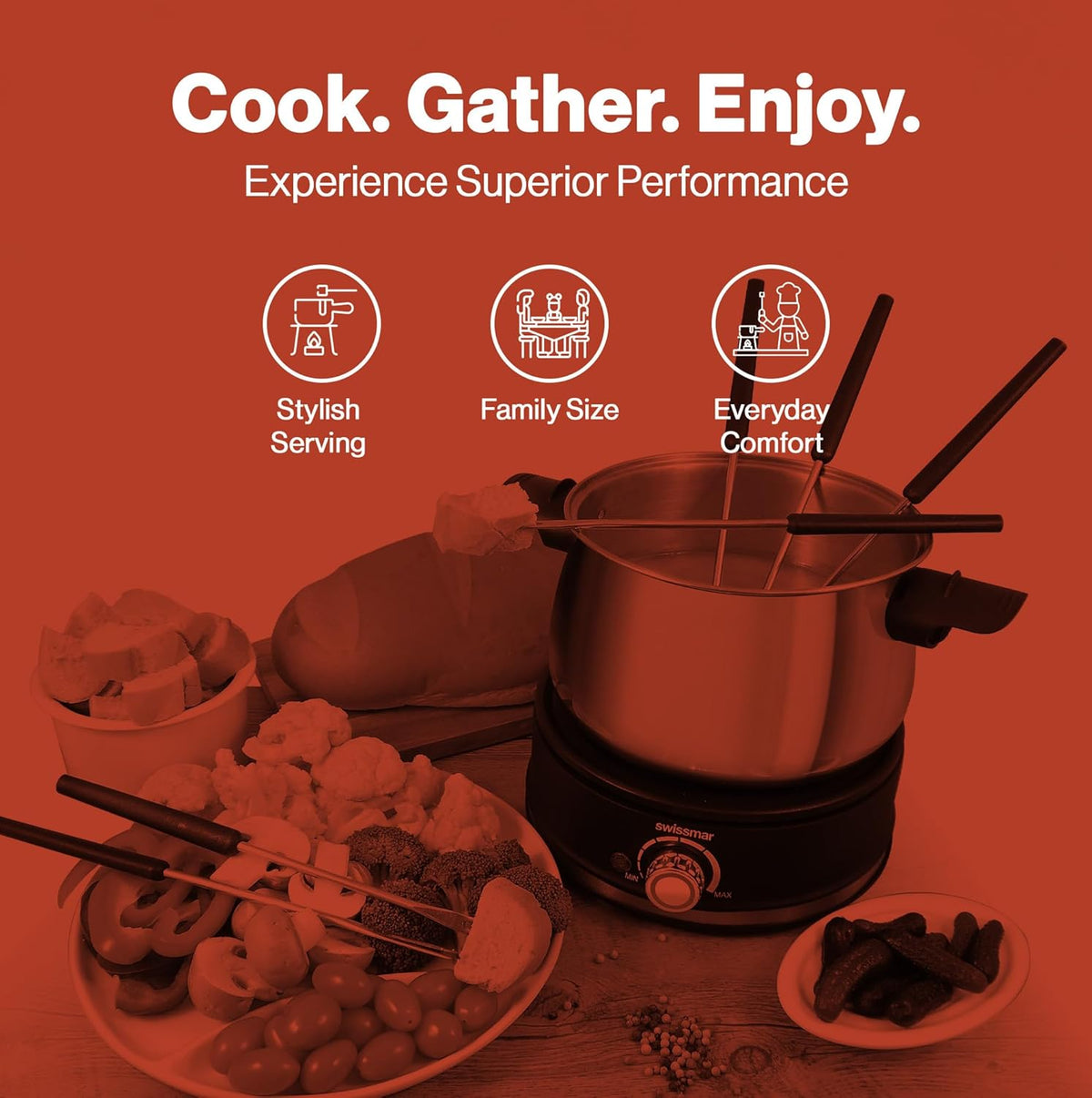Swissmar Arolla 10 Pieces Stainless Steel Electric Fondue Set - Perfect Fondue Pot Electric Set for Cheese, Caramel, Chocolate, Oil, Broth & More - Gift Ideas for Wedding, House Warming, 2.1 Qt / 2L