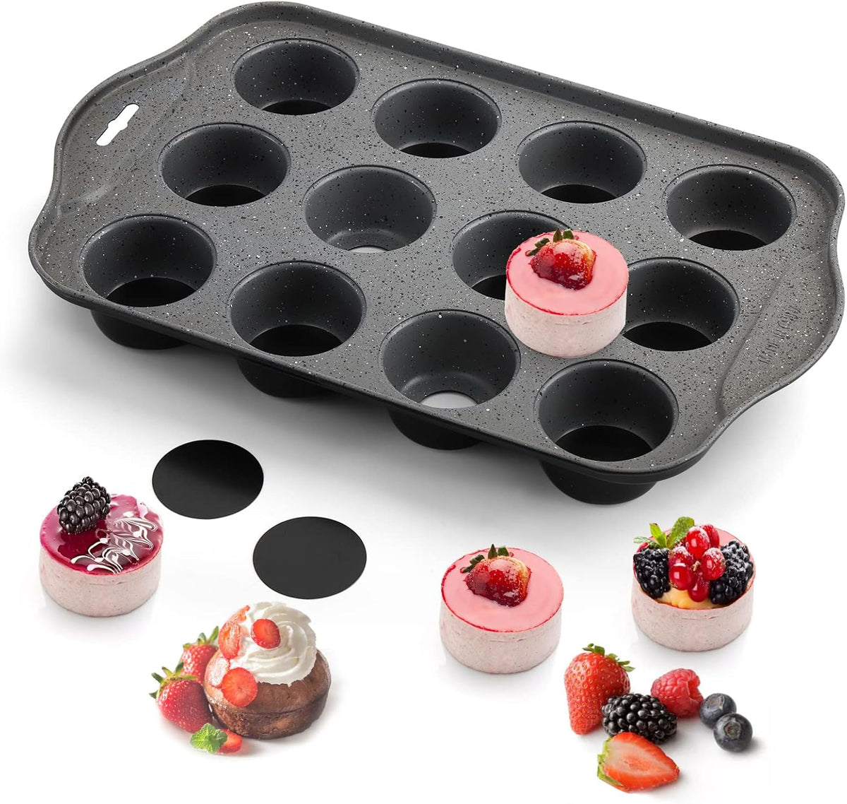 Tosnail 2 Pack 12 Cavity Mini Cheesecake Pan, Mini Cupcake Muffin Baking Pans with Removable Bottom, Round, Black