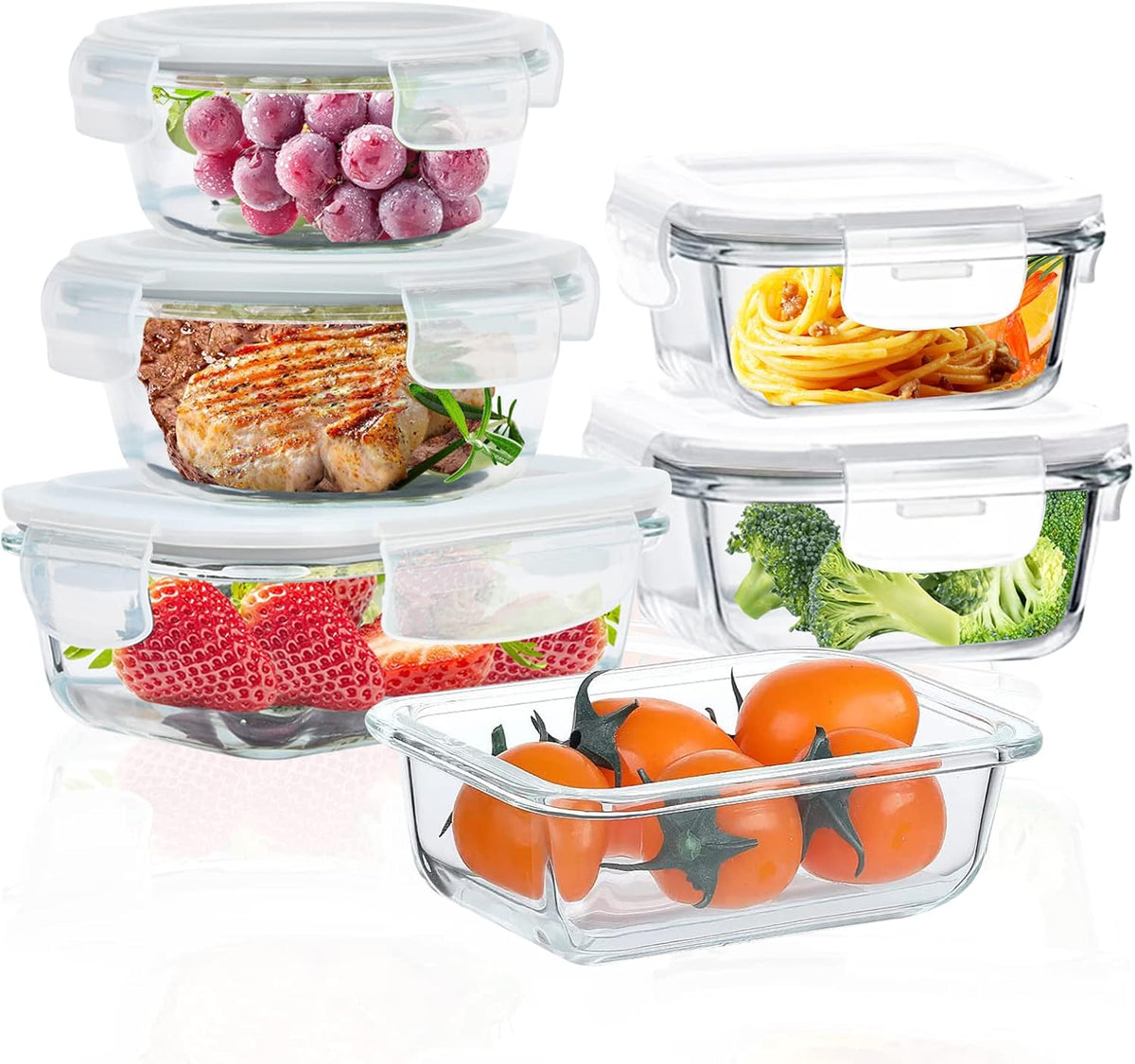 Glass Food Storage Containers with Lids Airtight 6 Pack, Glass Storage Containers with Lids for Food, Not Easy Broken & Leak Proof, Oven/Dishwasher Safe, Grey
