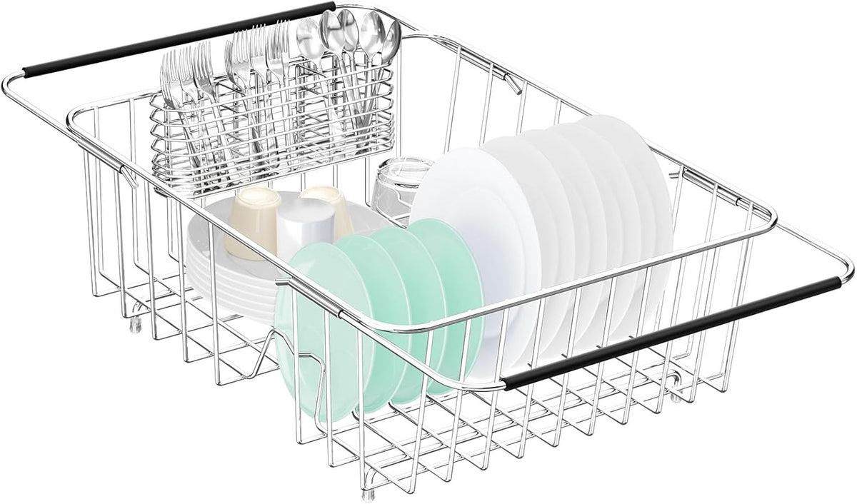 Large Dish Drainer Rack in Sink Adjustable, Expandable 304 Stainless Steel Metal Dish Drying Rack Organizer with Stainless Steel Utensil Holder Over Inside Sink Counter, Rustproof