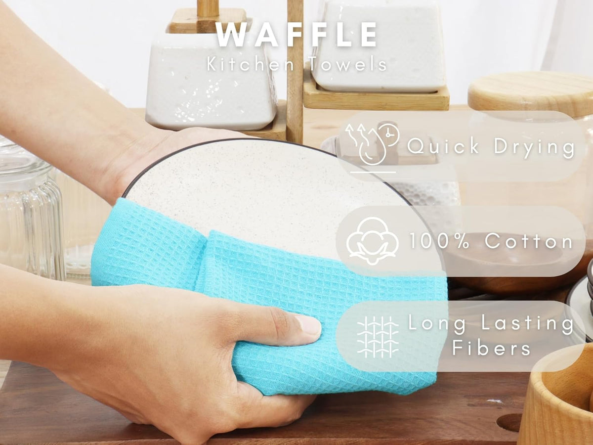 PurpleEssences Waffle Weave Kitchen Towel, 100% Cotton - 15 x 25 Inches, with Hanging Loop Ultra Soft Absorbent Quick Drying Dish Cloth, Tea and Hand Towels, 4 Pack - Spring Summer - Aqua Blue