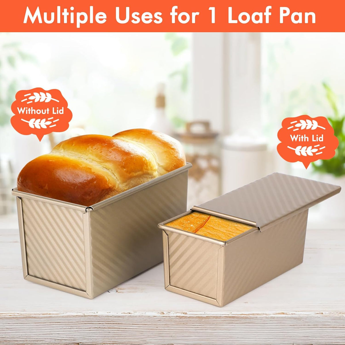 Beasea Pullman Loaf Pan with Lid, 2 Pack Non-Stick Bread Loaf Pans 1 lb & 0.5 lb Carbon Steel Bread Toast Box with Dough Scraper for Homemade Bread Toast Oven Baking - Gold