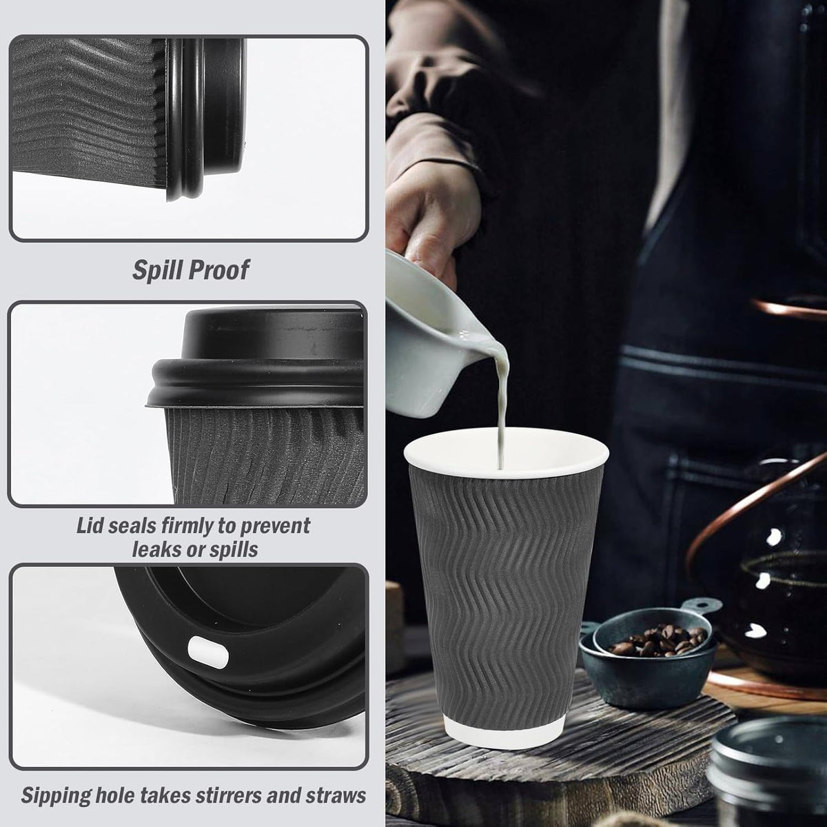 Lamosi 500 Pack - 16 oz Insulated Disposable Coffee Cups with Lids, To Go Paper Coffee Cups with Lids, Corrugated Ripple Wall Cup for Hot Drink Office Coffee Bar (Grey)