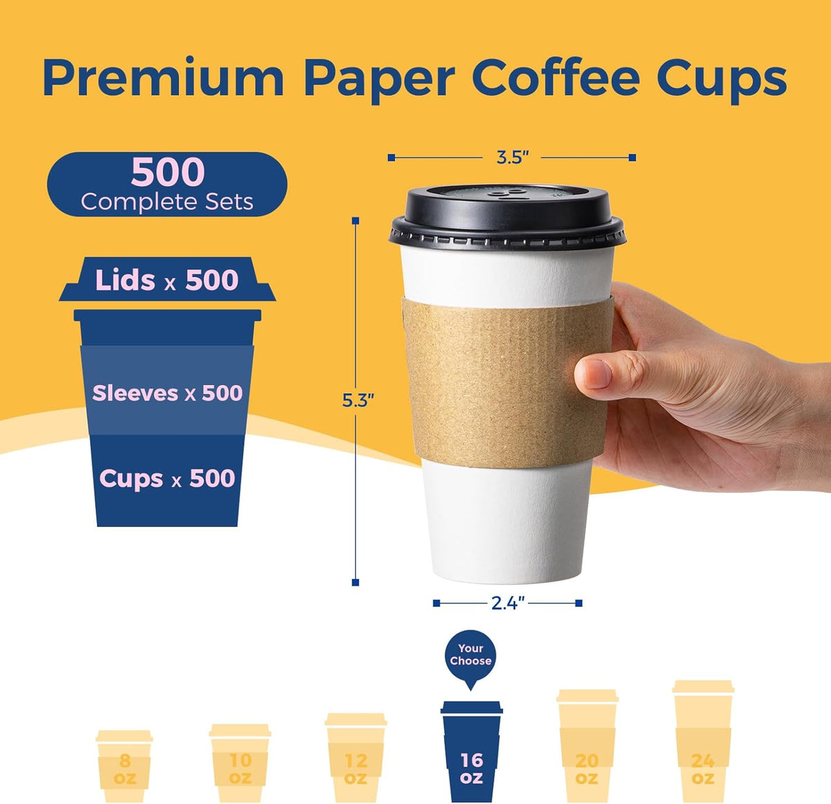 Fit Meal Prep 500 Pack 16 oz Disposable Coffee Cups with Lids, Sleeves, Leak-Proof To Go Coffee Cups with Lids, Durable Paper Cups for Hot Beverage, Home, Office, Party