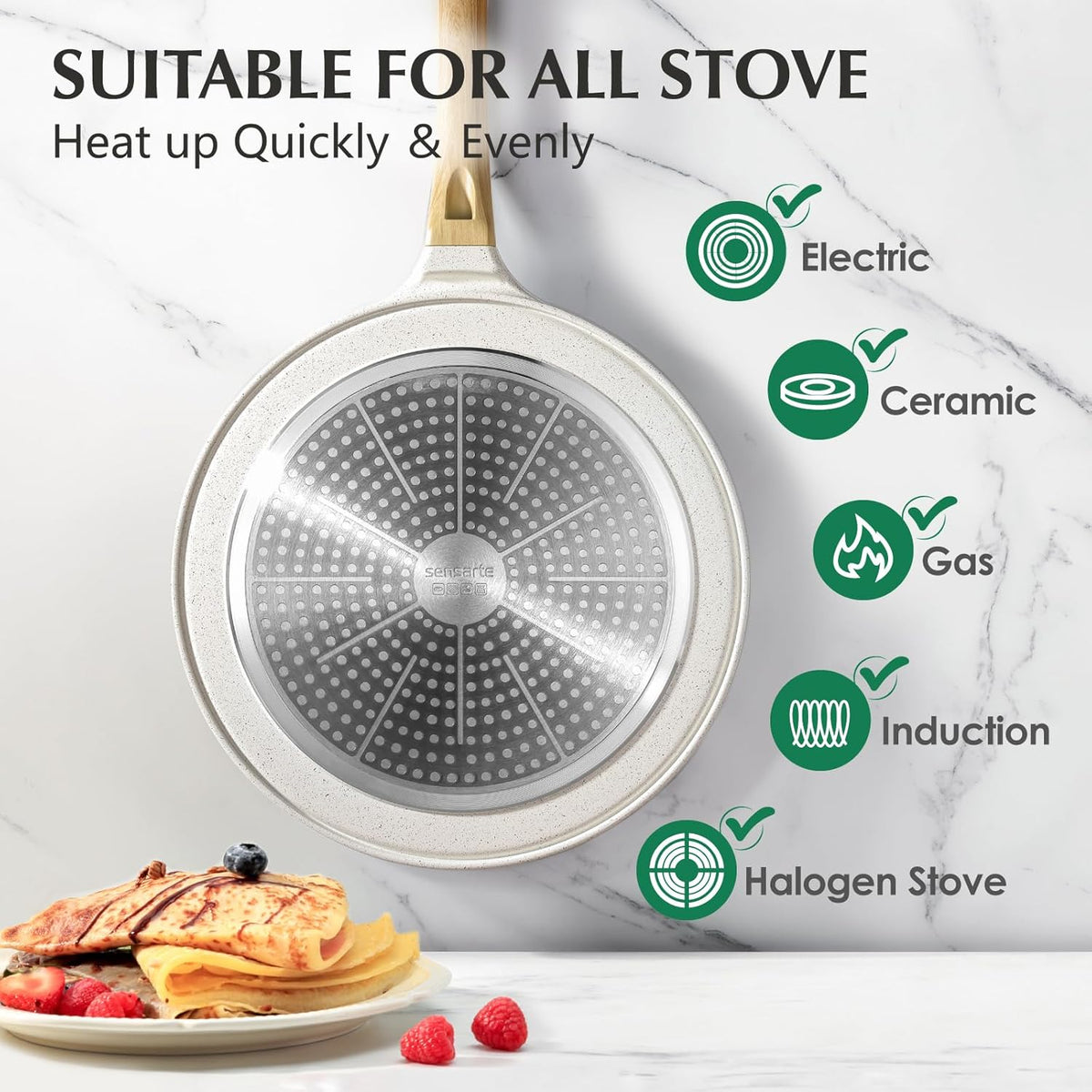 SENSARTE Nonstick Crepe Pan with Spreader, 12-Inch Natural Ceramic Coating Dosa Pan Pancake Flat Skillet Tawa Griddle with Stay-Cool Handle, Induction Compatible (White)