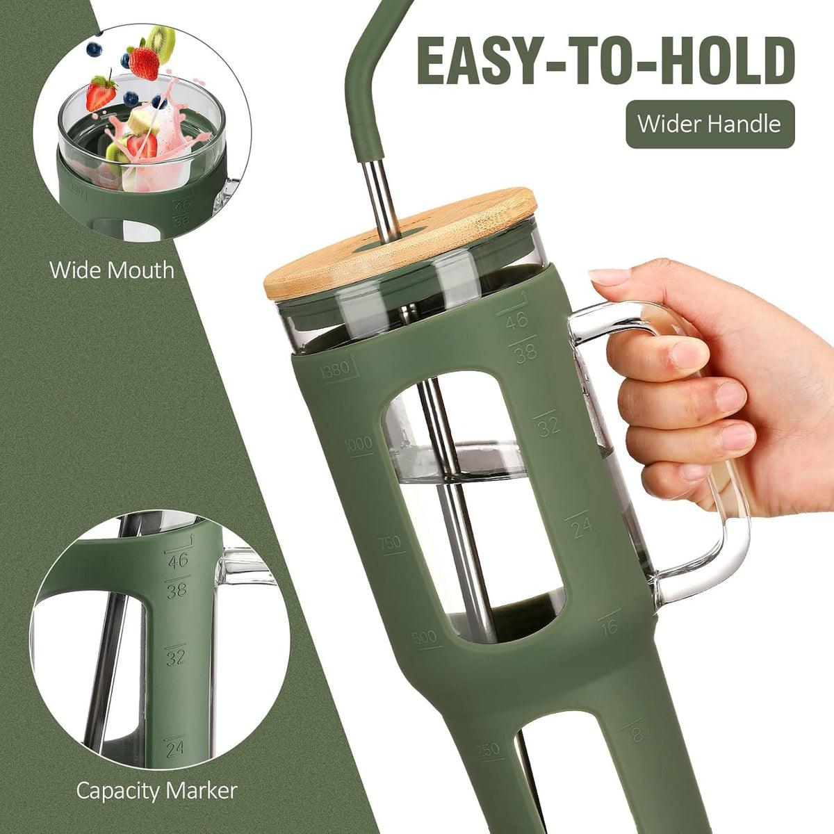 Glass Tumbler with Lid and Straw, 46 oz Iced Coffee Cup with Handle, Large Water Bottles with Silicone Sleeve, Glass Cup with Straws - Pearl Straw & Drinking Straw BPA Free-Olive
