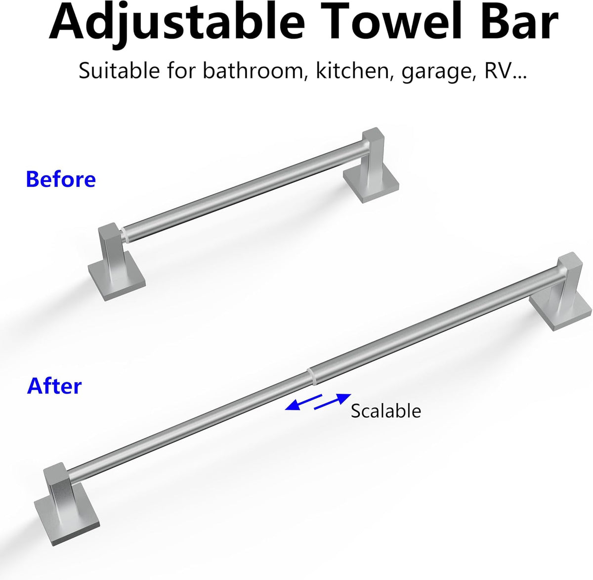 Adjustable Towel Bar, 14.4inch - 25.2inch Towel Rack, Wall Mounted for Bathroom, Kitchen Hand Towel Holder Cloths Hanger SUS 304 Stainless Steel Organizer Single Bar (Brushed Nickel)
