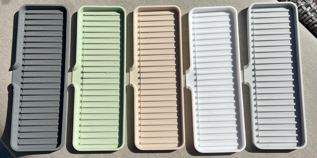 Happitasa Silicone Soap Dish Tray and Sponge Holder with Drain Chute | Bathroom and Kitchen Sink Organizer Caddy (Sand Dollar, 12"x4", 7.4 Ounces)