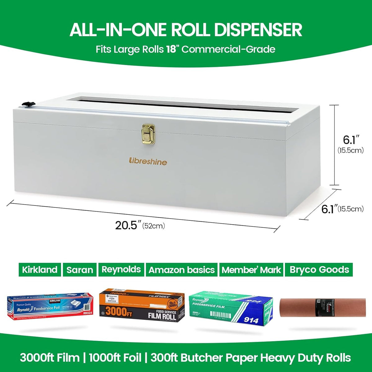 White 18 Inch Commercial Plastic Wrap Dispenser with Cutter & Roller - Heavy Duty 3000ft Film & 1000ft Foil Holder - Fits Butcher, Freezer, Kraft Paper for Restaurant Kitchen Food Service