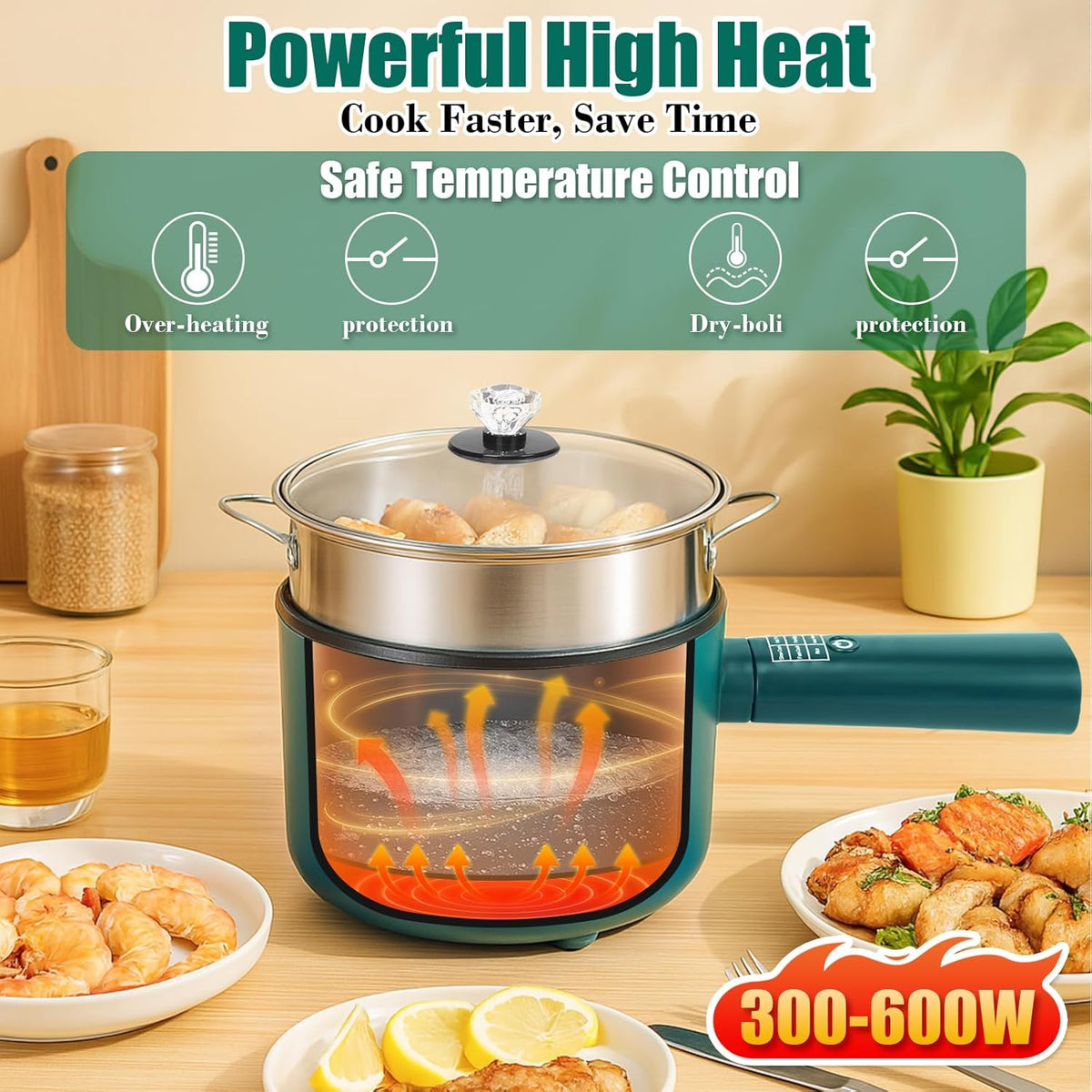 Hot Pot Electric with Steamer,6 Smart Modes, 1.8L Ramen Cooker, Portable Cooker, Non-Stick Frying Pan, Sauté Pan, Electric Pot for Pasta, Egg, Steak, BPA Free, College Dorm Room Essential