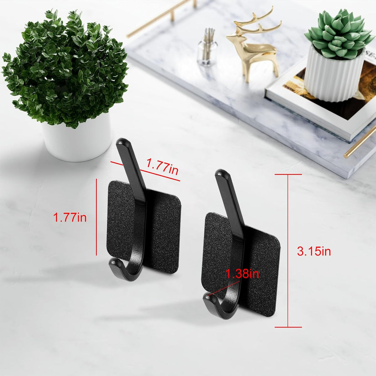 Aluminum Wall Hooks, No Drill Damage-Free Adhesive Hook, Product for Hanging Heavy Duty for Bathroom Kitchen Home (Double Square Black Hook, 4)