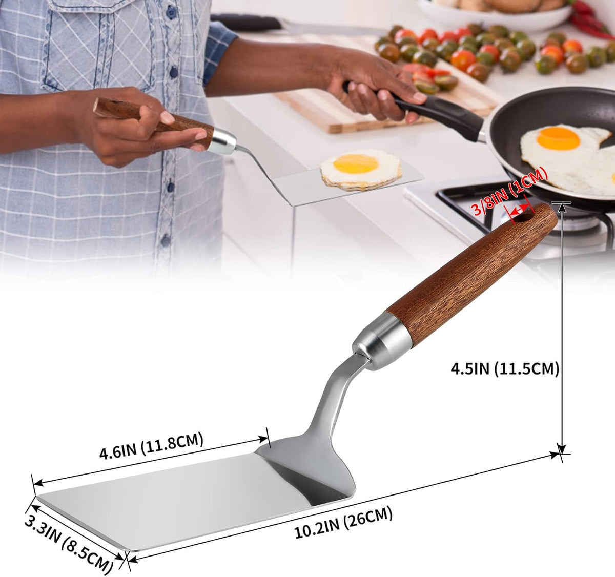 Stainless Steel Spatula with Wooden Handle, Nonstick Pancake Turner, Fried Egg Flipper for Cooking, Frying, Grilling, Baking, BBQ