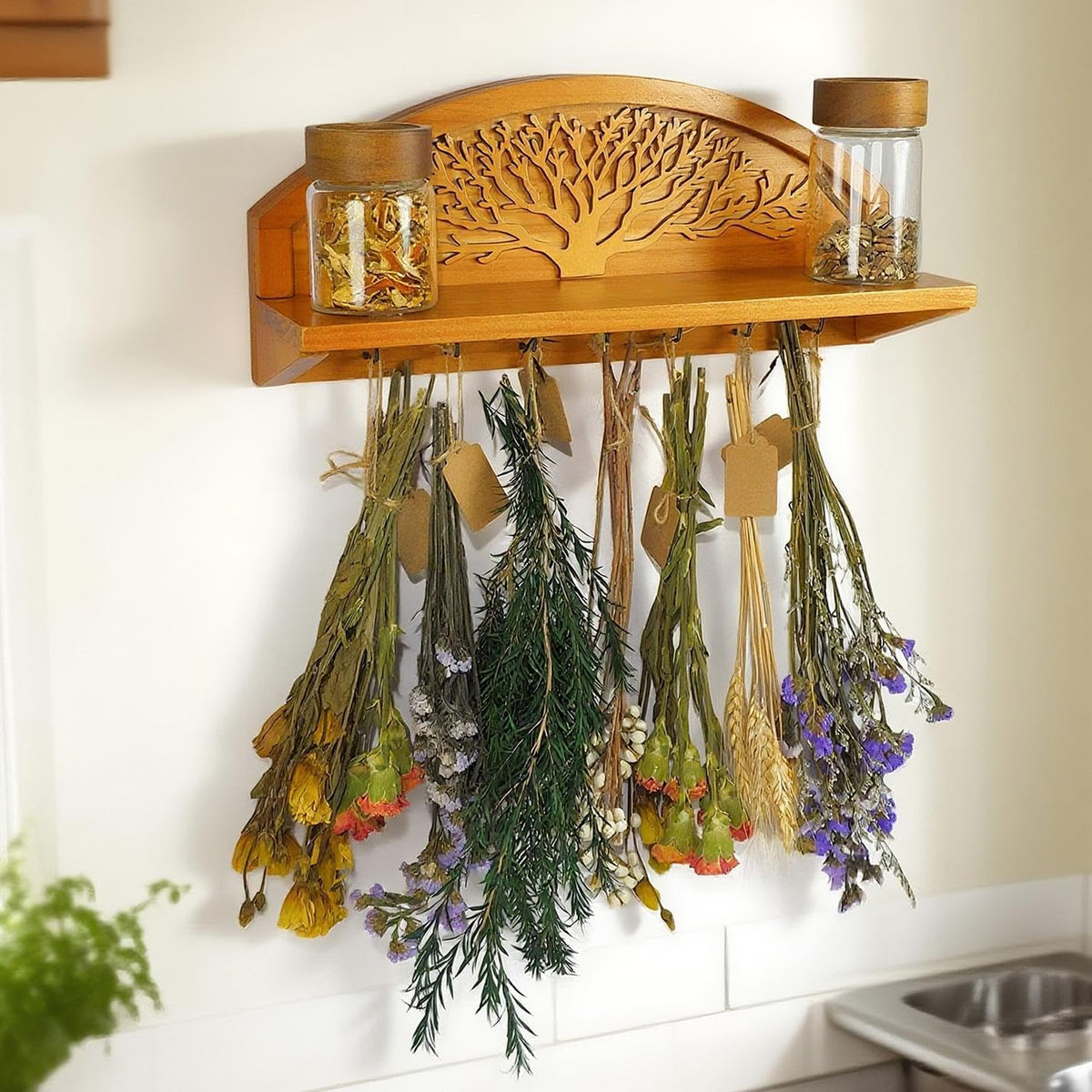 Hanging Herb Drying Rack - Artistic Life Tree Design. Space-Saving Kitchen Flower Dried Grass Display,Holds 7 Bouquets. For Witches & Gardeners Gifts for Crafters, Wall Art Décor