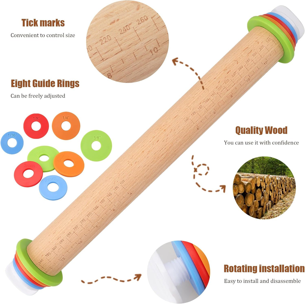 Adjustable Rolling Pin with Thickness Rings -17INCH Wood Dough Roller for Perfect Baking, Fondant & Cookies Ideal Rolling Pin for Dough & Cookie Decorating Supplies