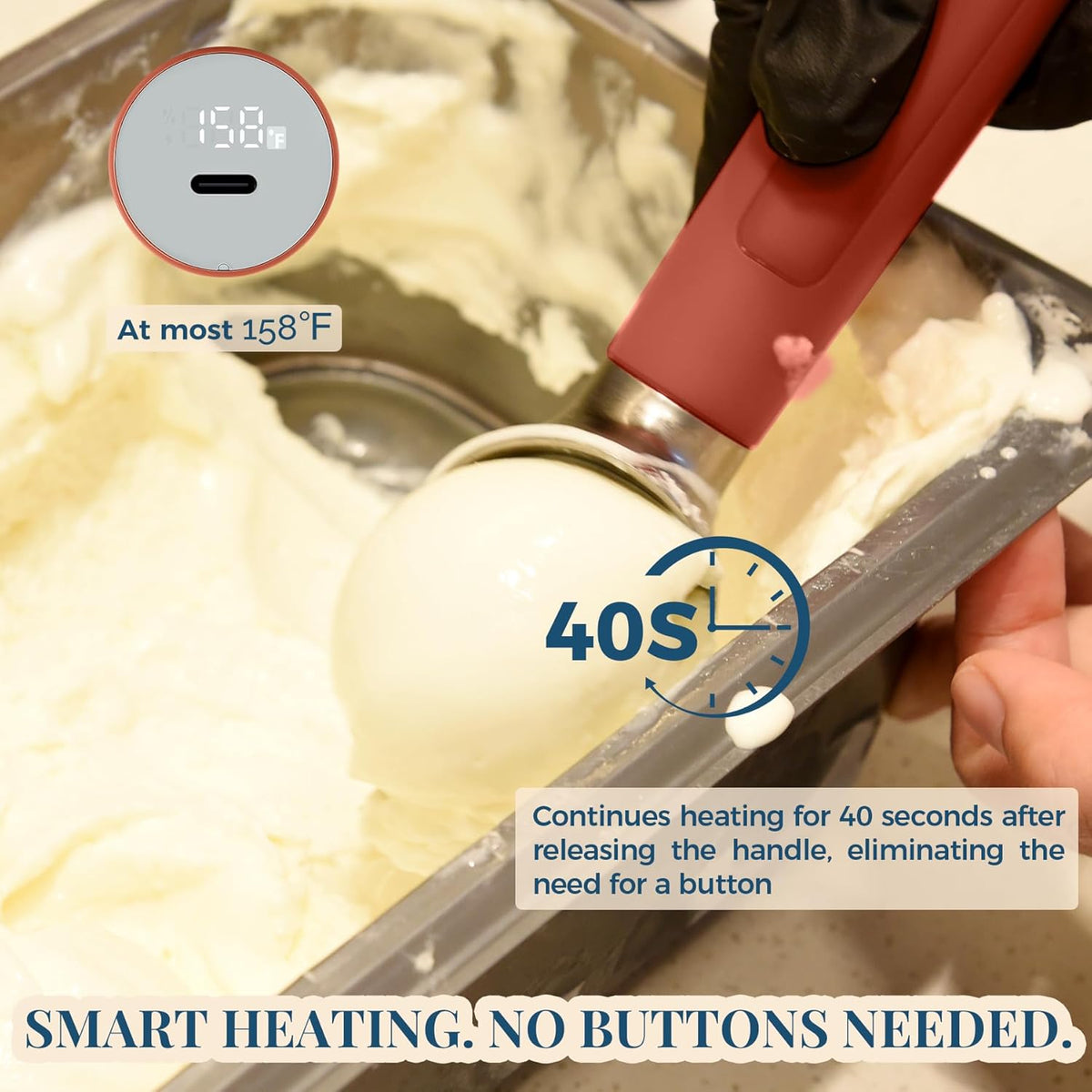 Heated Ice Cream Scoop Rechargeable, Electric Warming Ice Cream Scooper with LED Display, Heats to 158°F for Hard Ice Cream, Easy for Seniors & Kids, IP67 Waterproof (Mocha Brown, 2oz)