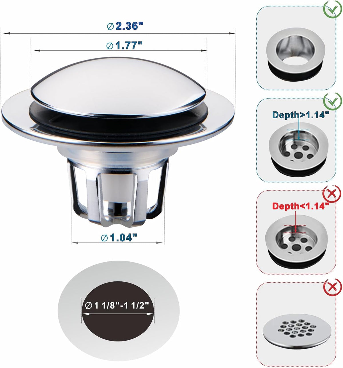 Chrome Bathroom Sink Drain Stopper,Welsan Universal Pop-Up Drain Stopper Plug Strainer with Hair Catcher for 1 1/8"-1 1/2" Drain Hole-2 Pack