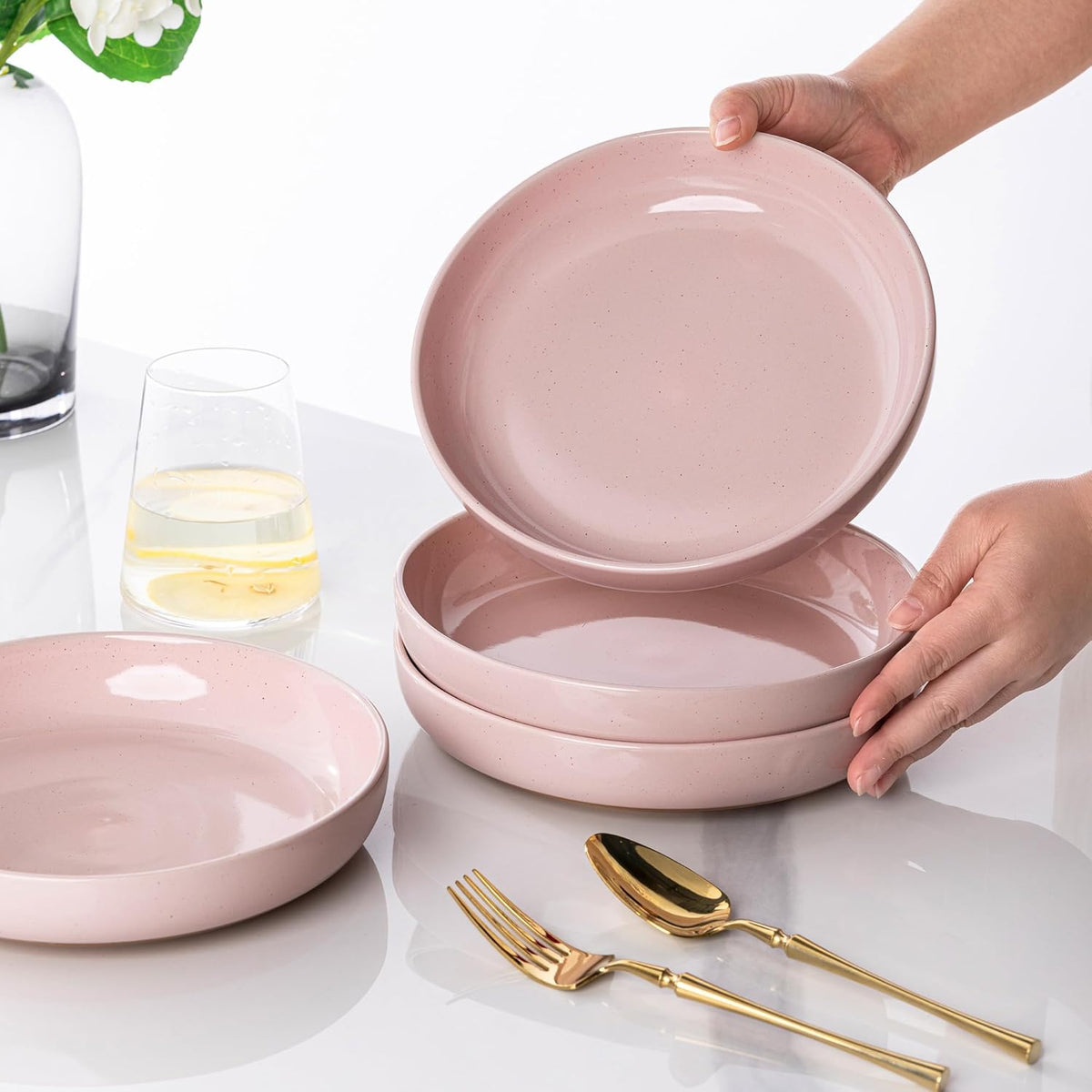AmorArc 8.75'' Large Ceramic Pasta Bowls, 36oz Handpainted Stoneware Bowls Set of 4, Microwave&Dishwasher Safe Bowls with Rustic Terracotta Underside for Pasta Salad, Cloud Pink
