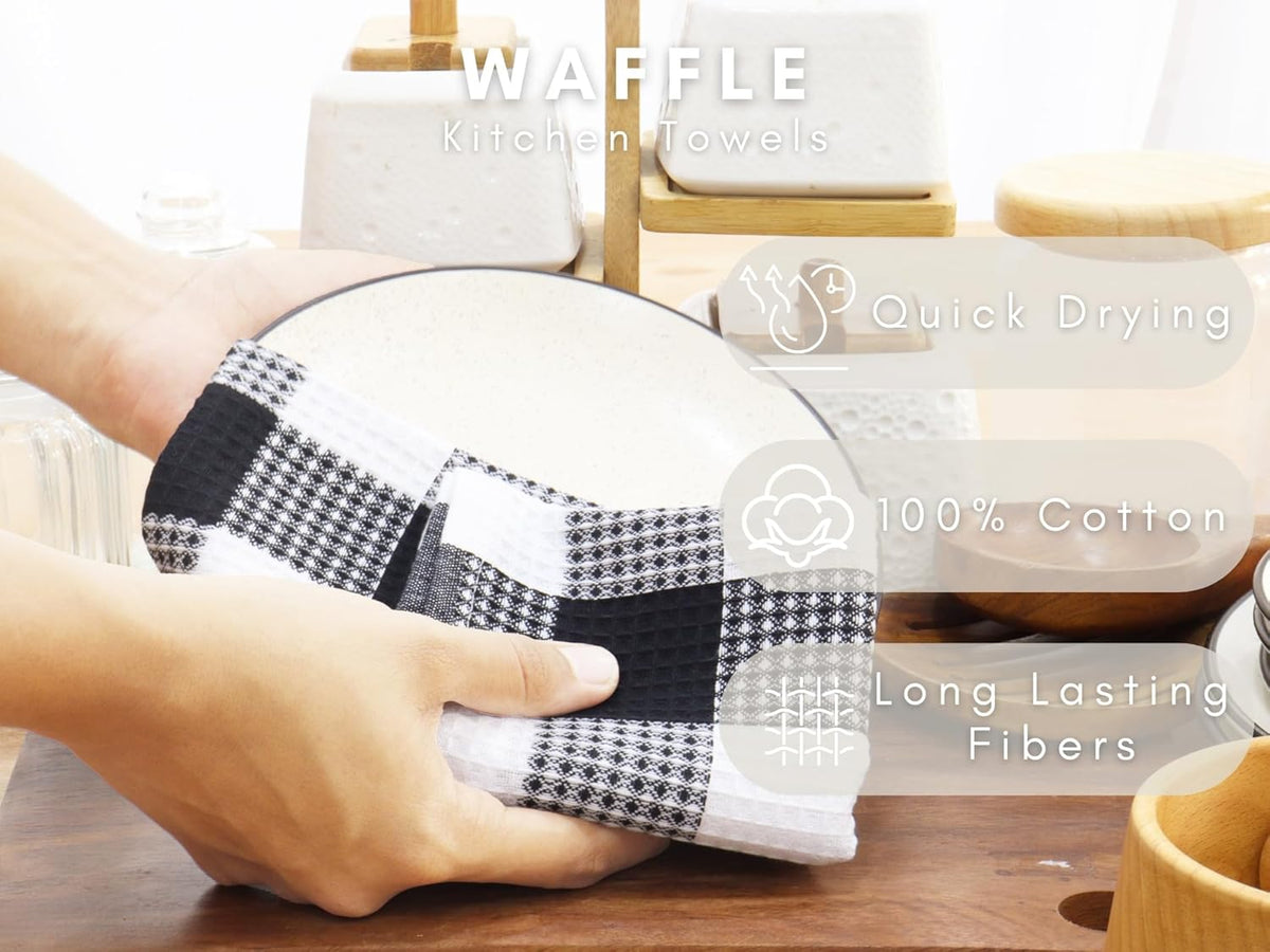 PurpleEssences 100% Cotton Waffle Weave Check Plaid Kitchen Towels, Super Soft and Absorbent Dish Towels for Drying Dishes 15 x 25-6 Pack - Spring Summer - Black and White