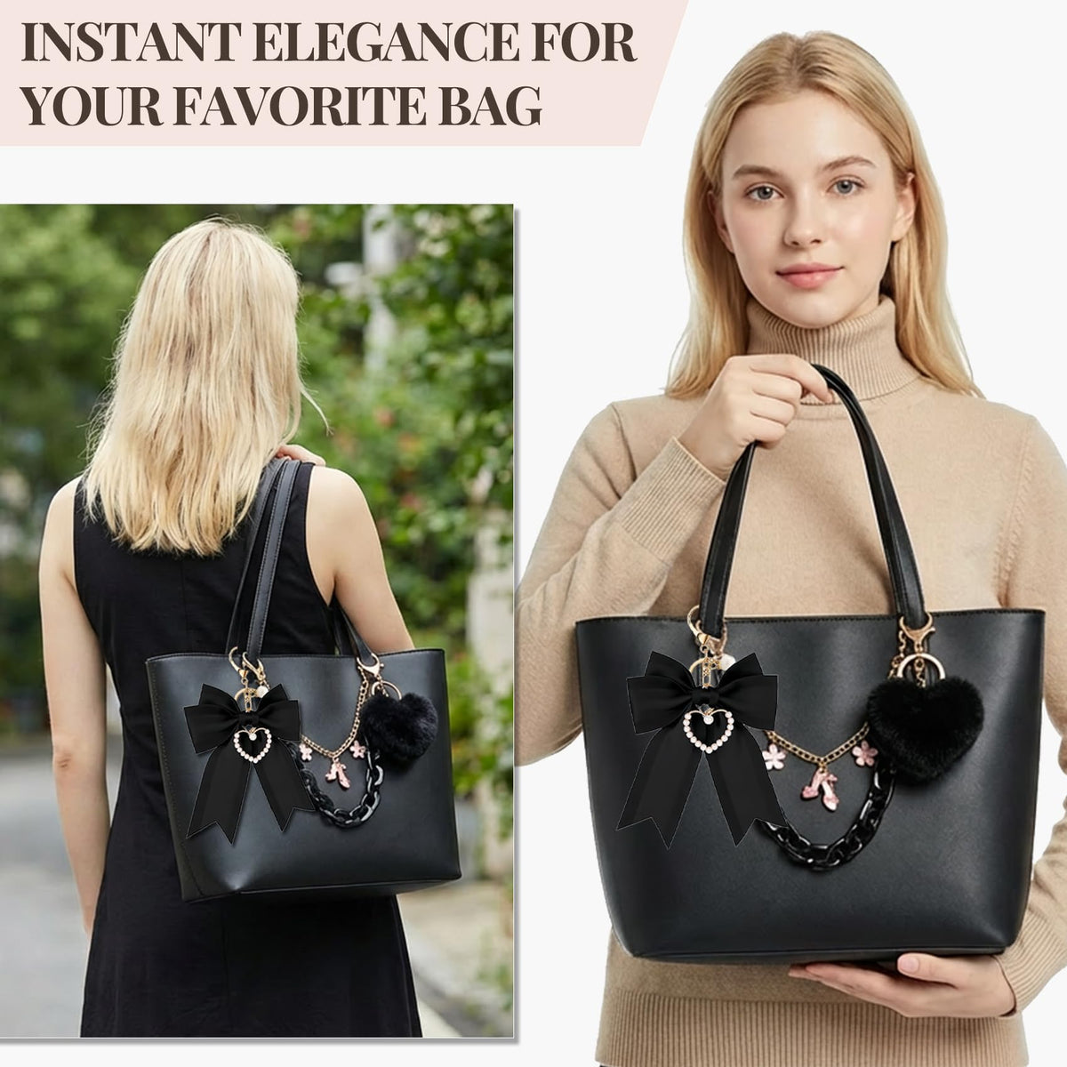 5Pcs Tote Bag Accessories Set for Women, Black Bag Charms Decorative