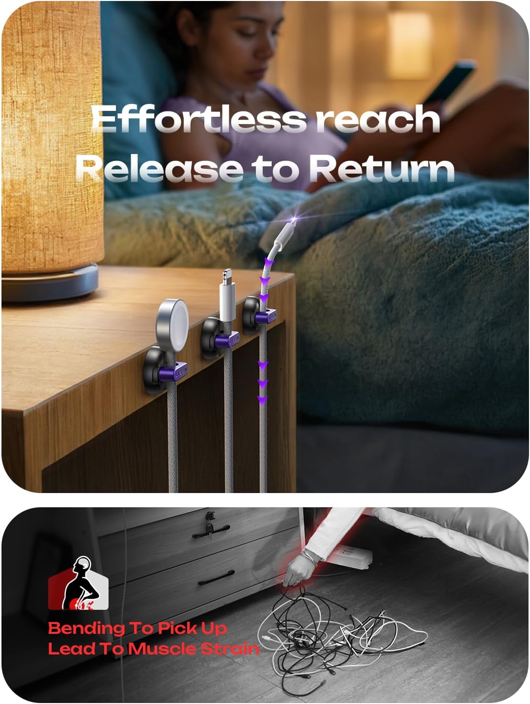 8-Pack Office Desk Accessories [1S Snap-On] Nightstand Organizer, LISEN Desk Organizers and Accessories with 4 Extra Strong Adhesive Pads, Wire Organizer for Nightstand, Home, Car, Desktop, Purple