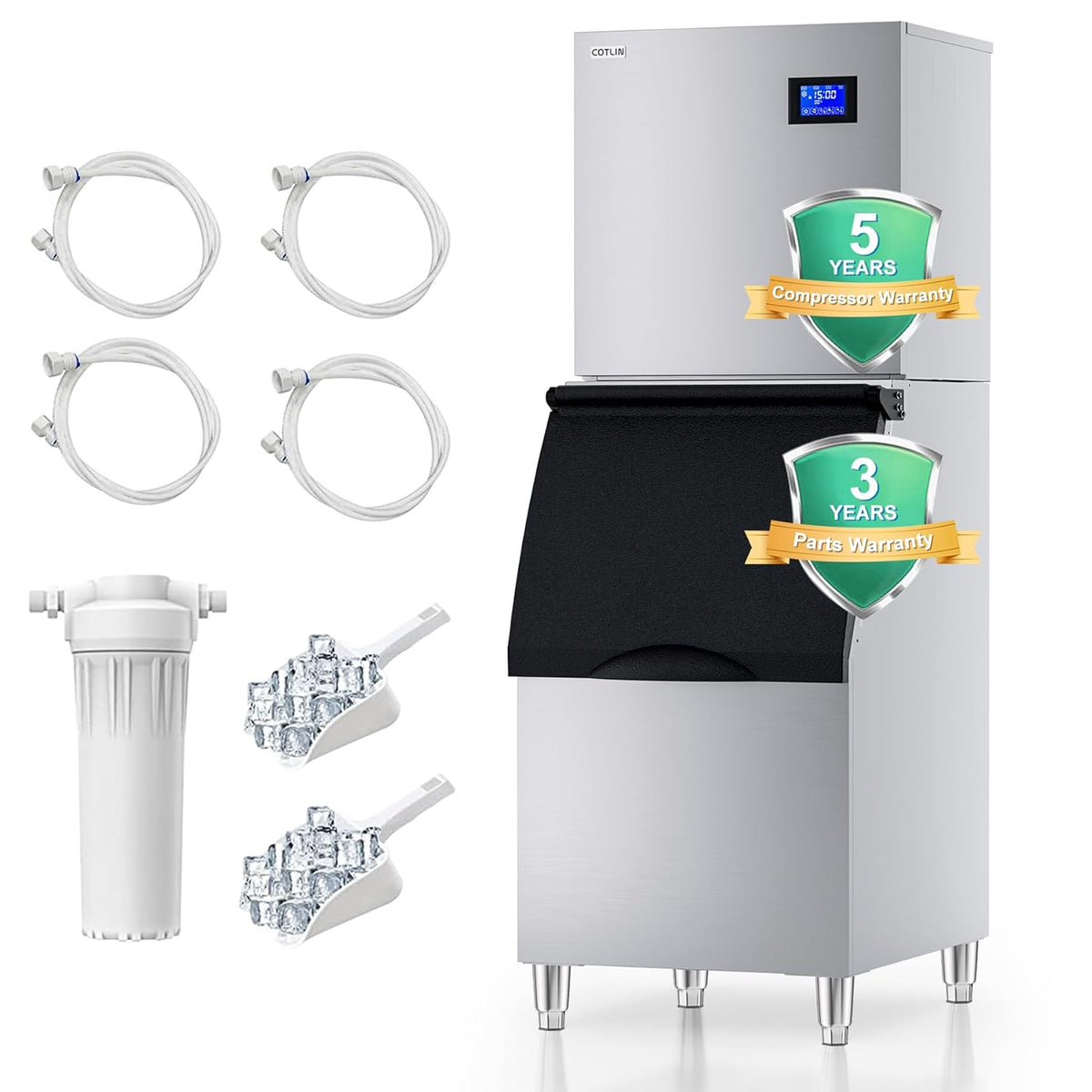 COTLIN Commercial Ice Maker 450LBS/24H with 350LBS Storage Bin, SECOP Compressor, Ice-Ready in 5-15mins, Large Ice Maker with Water Filter, Self-Cleaning/Timing/Ice Thickness Adjustment, 2025 Upgraded
