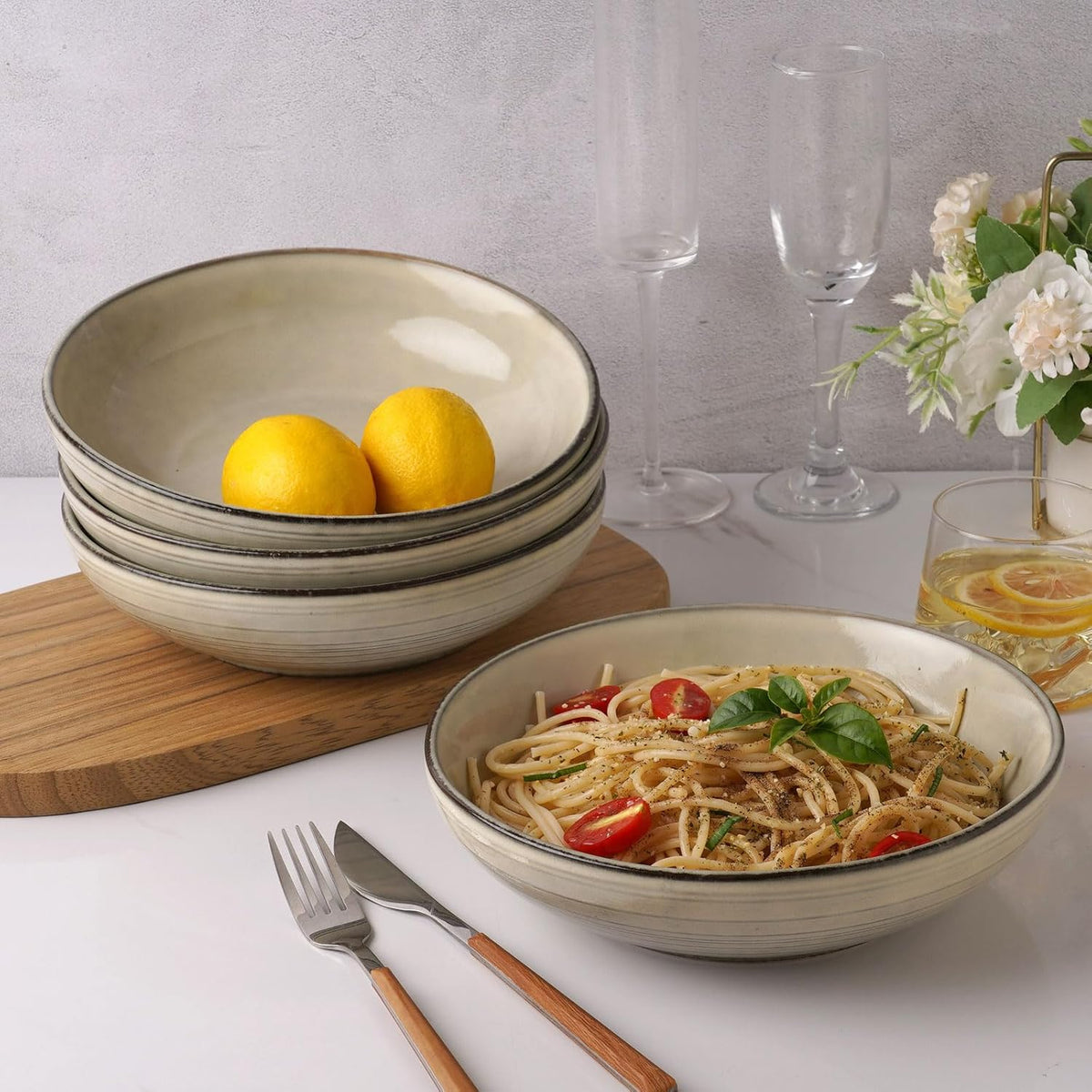 famiware Tempus Pasta Bowls Set of 4, 40 oz Bowls for Kitchen, Stoneware Deep Serving Bowls, Dishwasher & Microwave Safe Bowls for Cereal, Salad, Soup, Dessert etc - Castle Wall