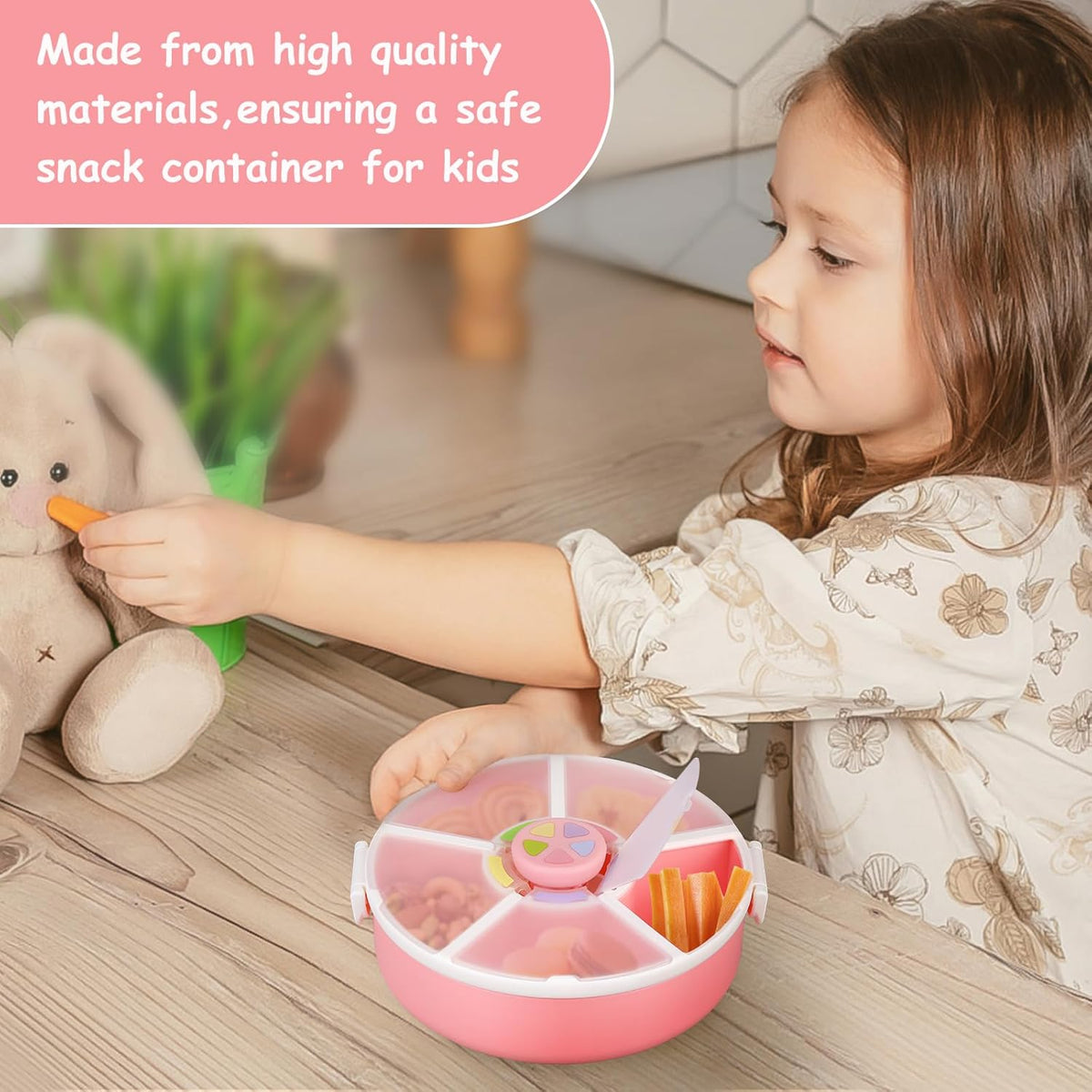 Kids Snack Spinner – Reusable Snack Container with 5 Compartments & Lid, BPA/PVC-Free, Dishwasher Safe, Perfect for Travel, School Lunches & On-the-Go Snacking, Pink