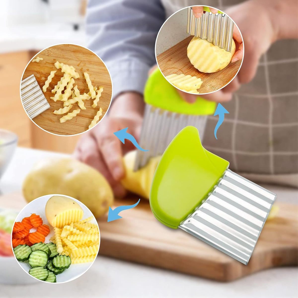 Luomorgo 2 Pack Stainless Steel Potato Crinkle Cutter Carrot Wavy Knife French Fry Slicer Vegetable Wavy Chopper, Green & Pink