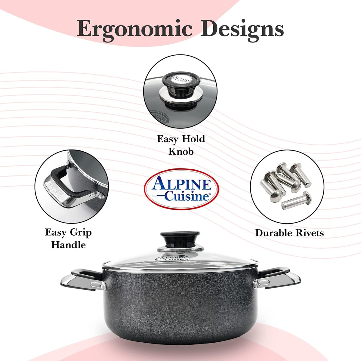 Alpine Cuisine 3 Quart Non-stick Stock Pot with Tempered Glass Lid and Carrying Handles, Multi-Purpose Cookware Aluminum Dutch Oven for Braising, Boiling, Stewing