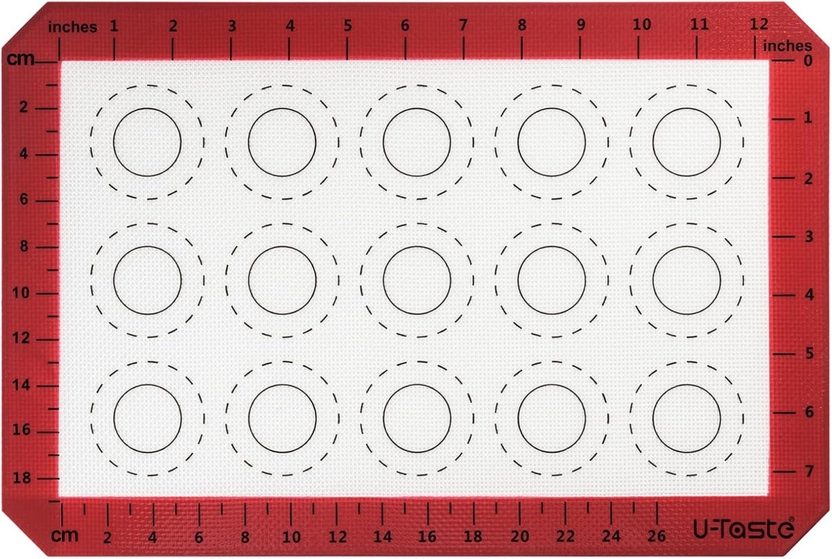 446ºF Heat Resistant Macaron Mat: U-Taste 14.17x9.44in Non Stick Silicone Baking Mat, Reusable Cookies Pastry Sheet Liner with Edge Enhancement & Circle Measurement for Cake Pan (Red)