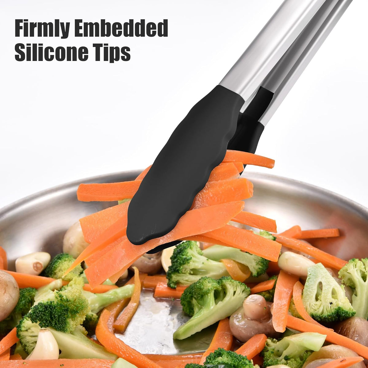 Doosu Kitchen Tongs for Cooking - 600°F Heat Resistant Food Tong with Non-Scratch Silicone Tips, Heavy Duty Stainless Steel Locking Tong for BBQ, Grilling Steak, Serving Salad, Pasta (12in, Black)
