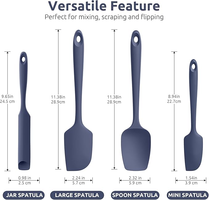 U-Taste 600ºF Heat Resistant Silicone Spatulas: Flexible Food-Grade Silicon Baking Scraper, Kitchen Cooking Mixing Utensils with Upgraded Sturdy Handle Tip for Nonstick Cookware (4-Pc., Midnight Blue)