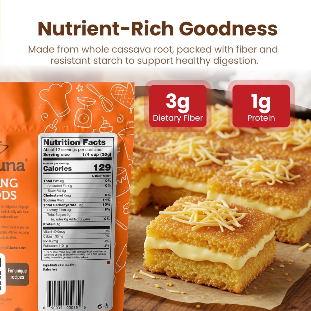 LiveKuna - Cassava Flour, Cassava Root Baking Flour, Gluten-free Flour, Alternative to All Purpose Flour, Spelt Flour, Great for Baking Vegan Bread and Casava Flour Tortillas