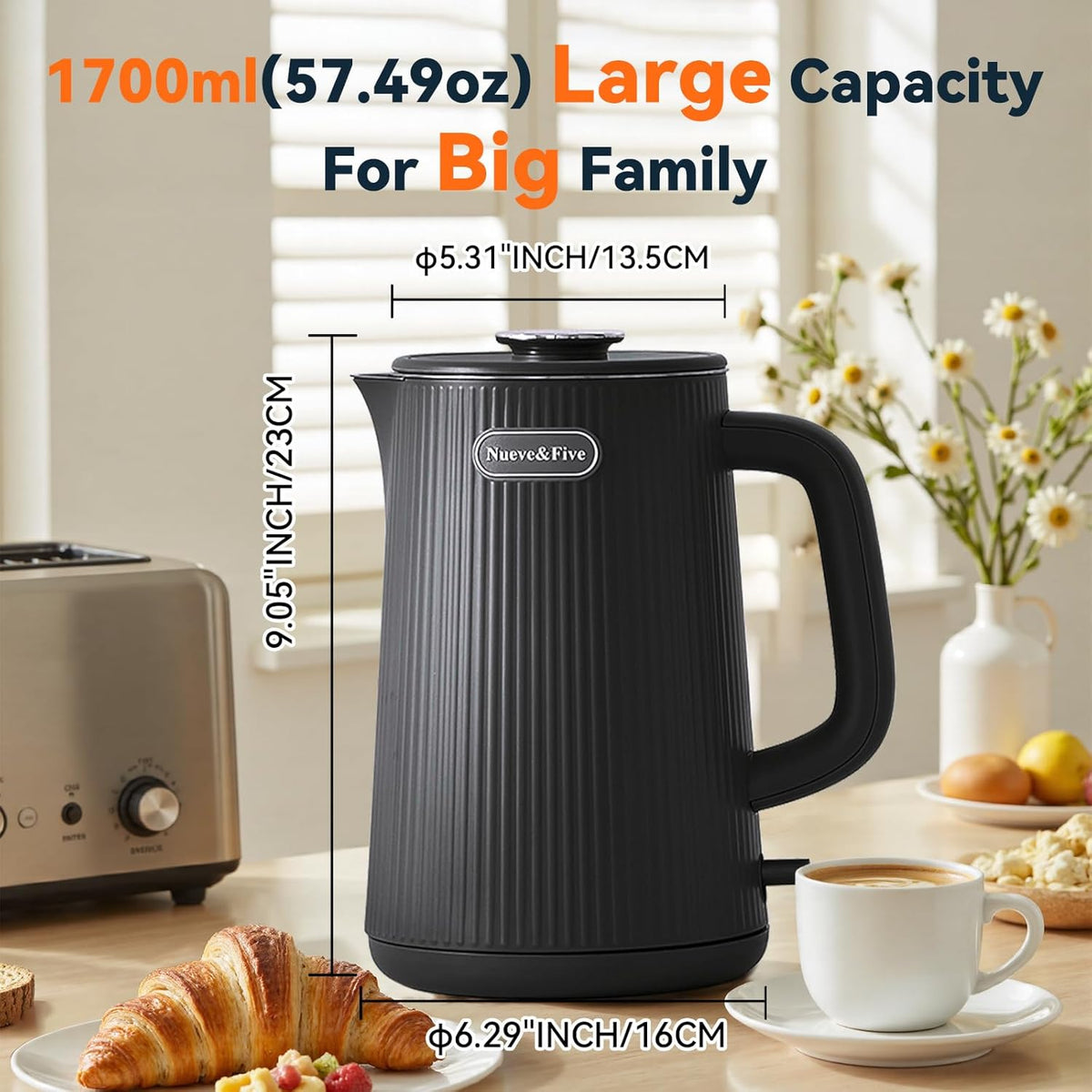 Nueve&Five 1.7L (57oz) Large Electric Kettle Perfect for 7+Cups of Tea and Coffee,2 quarts Double Wall Big Electric Tea Kettle,Auto Shut Off,1200W Hot Water Kettle Electric-Black