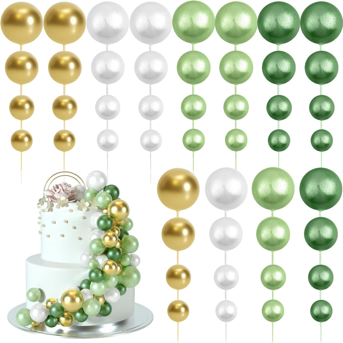 48 Pcs Balls Cake Topper Decorations Balloon Cupcake Toppers Foam Cake Topper Balls Cake Balls Decorations for Birthday Party Cake Decorating (Green, White, Gold)