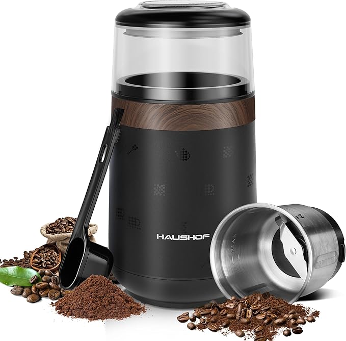 HAUSHOF Coffee Grinder Electric, One Touch Design, Spice, Herb, Grinder for Coffee Bean Spices and Seeds with 1 Removable Stainless Steel Bowl, Dry Grinder-Black