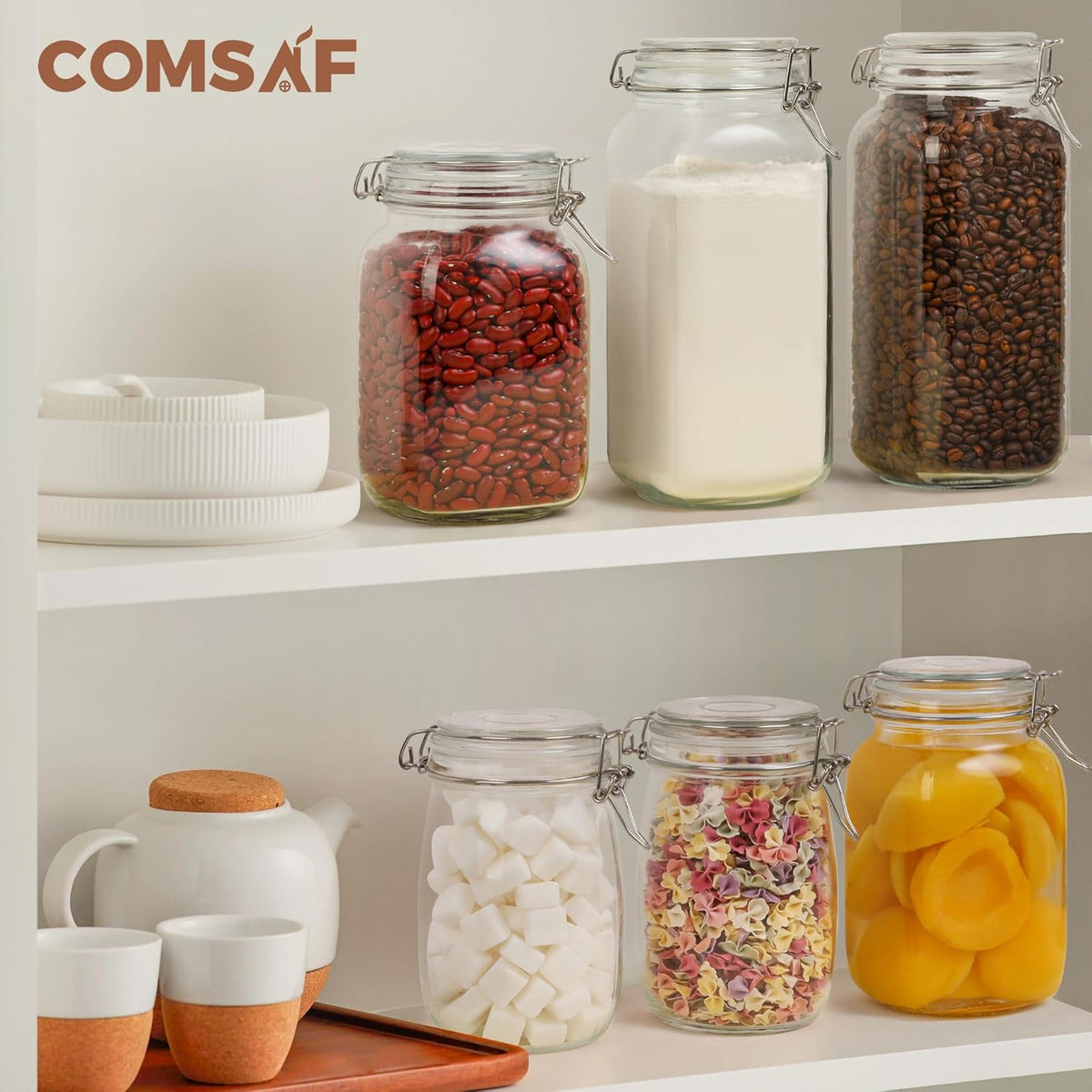 ComSaf Airtight Glass Canister Set of 3 with Lids 78oz Food Storage Jar Square - Storage Container with Clear Preserving Seal Wire Clip Fastening for Kitchen Canning Flour, Cereal, Pasta, Sugar, Beans