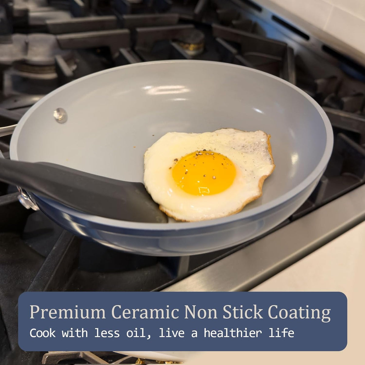 Nonstick Ceramic Sauté Pan with Lid (4.5 qt, 11"), Deep Frying Pan for All Cooktops - Non Toxic, PTFE/PFOA/PFAS Free, Dishwasher & Oven Safe up to 500°F - with Stay Cool Handle - Navy Blue