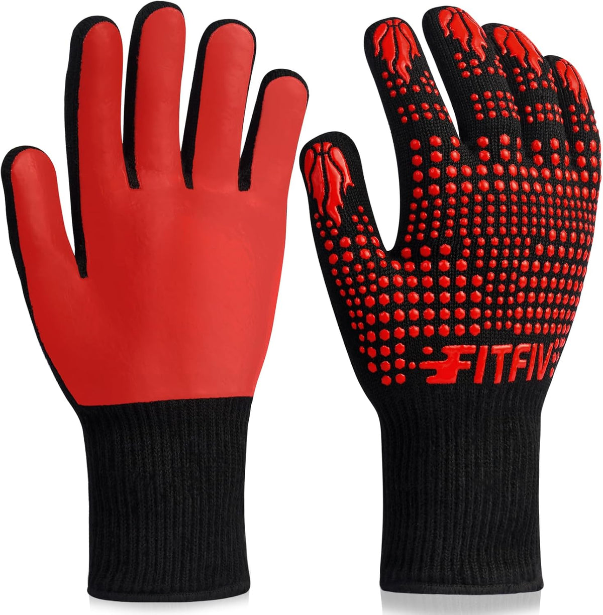 BBQ Gloves, Oven Gloves, 1472°F Extreme Heat Resistant Barbecue Gloves, Silicone Non-Slip Oven Mitts, Kitchen for Cooking, Grilling, and Baking (Red)