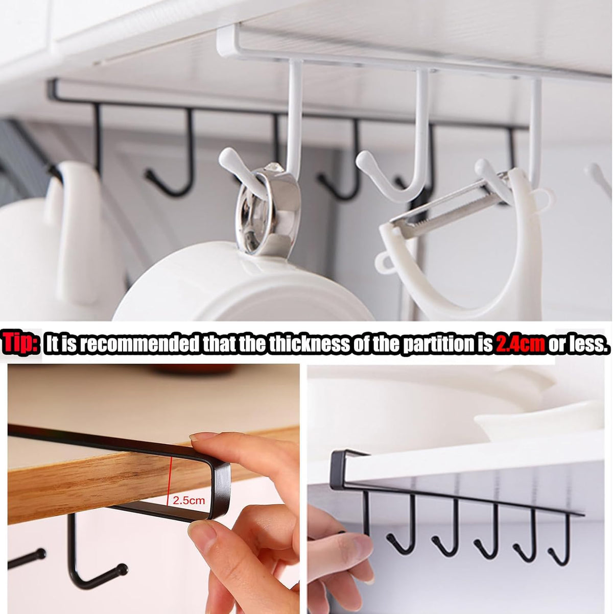 6PCS Mug Hooks Under Cabinet,Mug Holder Under Shelf,Coffee Cups Holder Hanger with 6 Hooks for Kitchen Utensils,Fit for 0.95 inch Thickness or Less,Drilling Free (Black)