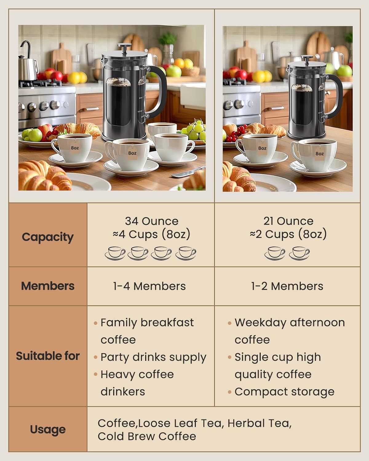 BAYKA French Press Coffee Maker 34 Ounce 1 Liter, Borosilicate Glass Stainless Steel Brewer, Large Portable Cold Brew Cafetera Teapot for Kitchen Travel Camping Coffee Bar Accessories, Dark Pewter