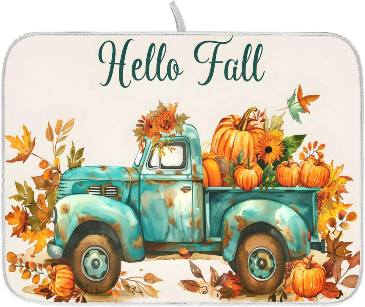 Vintage Fall Truck with Pumpkins Autumn Leaves Dish Drying Mat for Kitchen Counter Absorbent Microfiber Large Drying Pad Dish Mats for Kitchen Countertops 18 x 24 Inch