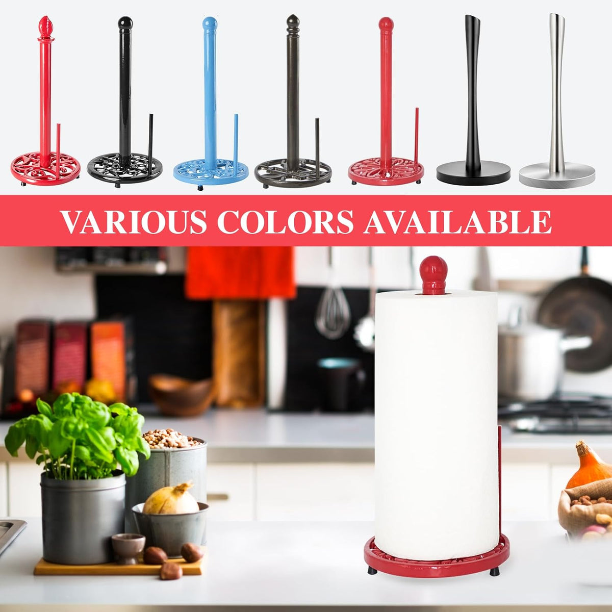 JOGREFUL Paper Towel Holder Stand, Cast Iron Kitchen Paper Towel Countertop Vintage Stand with Weighted-Base, Bathroom Organization for Family Standard Large Size Roll Paper, Mistletoe Base, Red