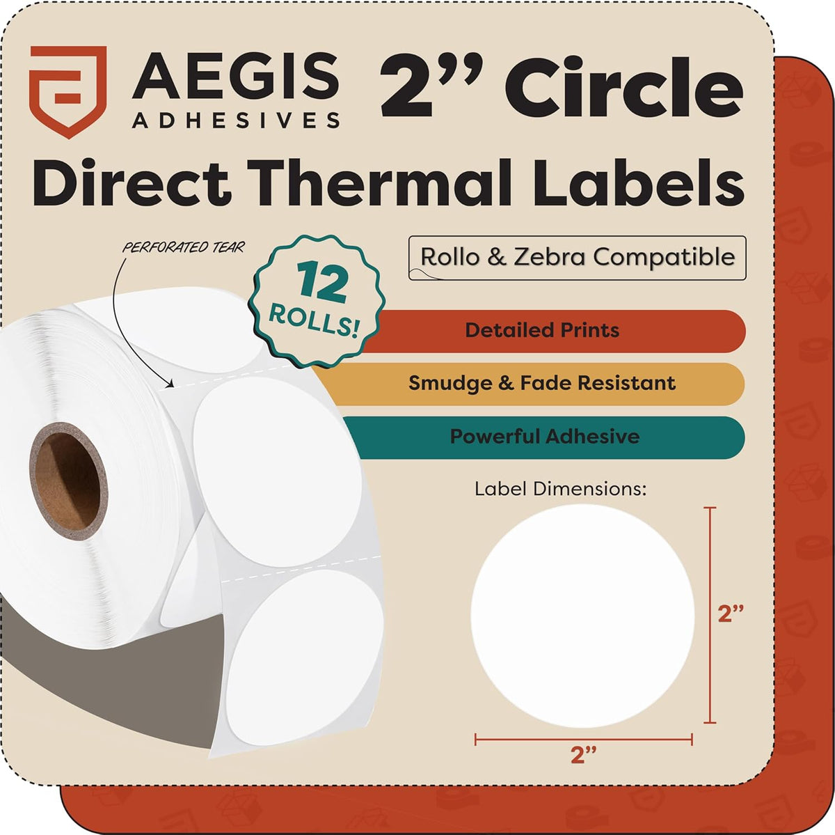Aegis Adhesives - 2" Circle Stickers - Direct Thermal Labels Compatible with Rollo, Zebra, MUNBYN, and More Desktop Printers (12 Rolls, 750/Roll)